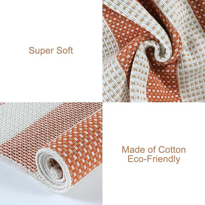 OJIA Fall Front Door Mat 24"x36" Cotton Woven Washable Striped Porch Rug Indoor Halloween Doormat Small Outdoor Rugs Farmhouse Entry Rug Kitchen Throw Rugs for Layered Door Mats (Orange/White/Tan)