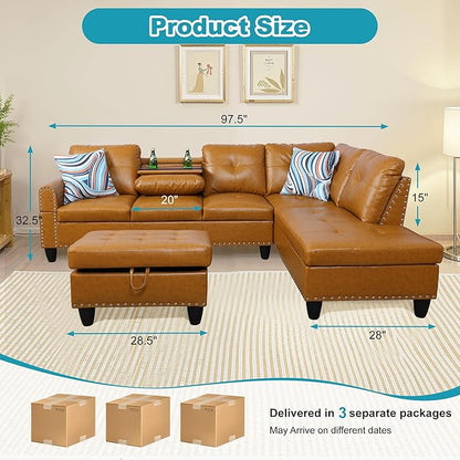Couches for Living Room PU Leather L Shaped Couch Comfy 3 Pieces Sectional Sofa with Chaise, Ottoman with Storage for Office and Small Apartment, Ginger