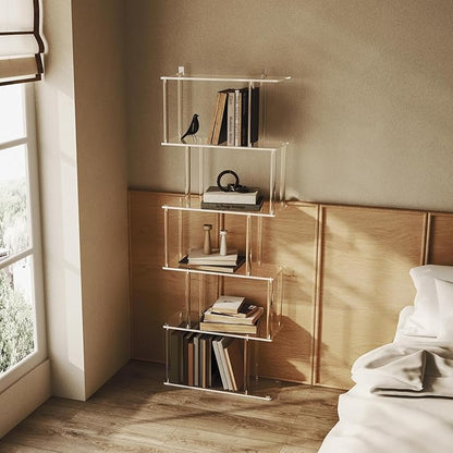 Acrylic Geometric Bookshelf, 6-Tier Clear Bookcase, S Shaped Bookshelf, Modern Display Book Shelf for Living Room, Bedroom, Office, 9.3" D x 22.4" W x 61.46" H, Easy Assembly