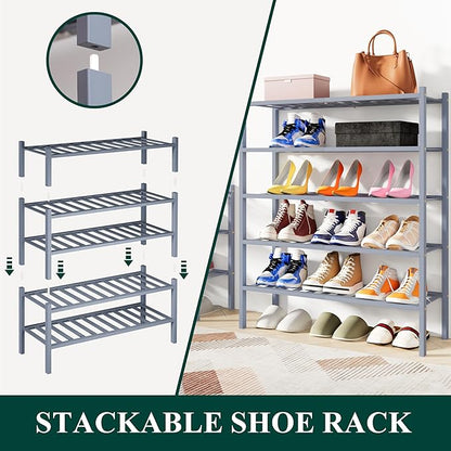 Smiry Shoe Rack, 2 Tier Bamboo Shoe Organizer, Stackable Free Standing Wooden Shoe Storage Shelf for Closet, Entryway, Front Door Entrance, Grey