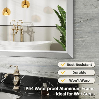 24x36 Inch Silver Bathroom Mirror for Wall, Thick Metal Framed Rectangle Mirrors for Over Sink, Bedroom, Living Room, Entryway, Anti-Rust, HD Tempered Glass