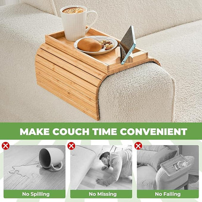 Bamboo Sofa Arm Tray, Anti Falling Couch Arm Tray Armrest Table with 360° Rotating Phone Holder, Foldable and Portable Sofa Armrest Trays Cup Holder for Drink,Cups, Phone, Snacks, Remote
