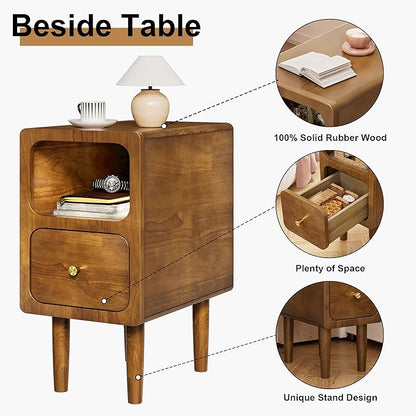 Narrow Nightstand, Solid Wood Night Stand with Drawers, Walnut Mid Century Modern Nightstand, Small Beside Table with Open Storage Shelf for Bedroom (12 inch)