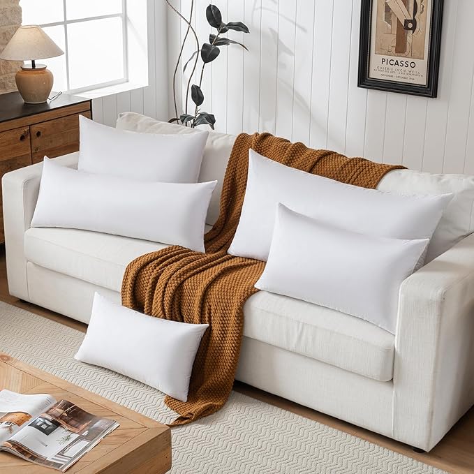 12x20 Decorative Throw Pillow Inserts-Down Feather Pillow Inserts-Oblong-Cotton Fabric-Set of 2-White.