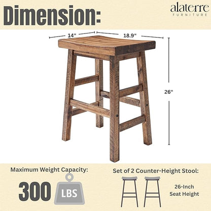 Alaterre Furniture Durango 26-Inch Industrial Wood Counter-Height Stools – Set of 2 Rustic Saddle Seat Bar Stools - Vintage Style with Light or Dark Lacquer Finish for Kitchen Island or Home Bar