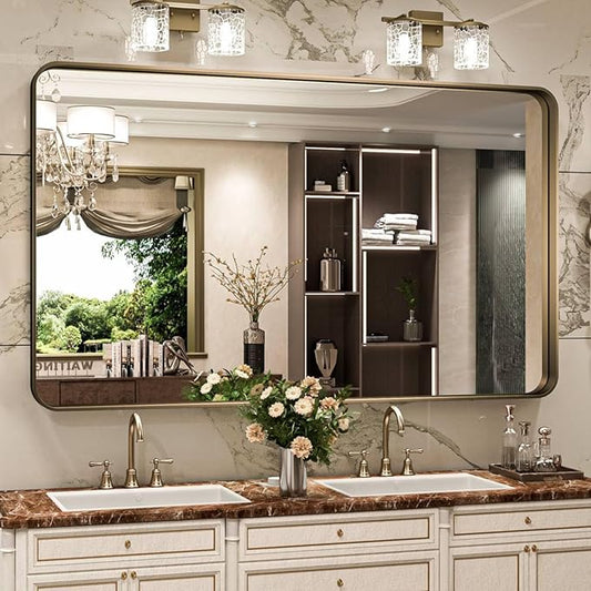 Bronze Bathroom Mirror 55x36 Inch, Brushed Bronze Metal Frame Mirror for Wall, Rounded Rectangle Bathroom Vanity Mirror with Tempered Glass, Anti-Rust, Horizontal/Vertical
