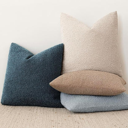 Foindtower Set of 2, Decorative Textured Boucle Throw Pillow Covers Accent Solid Pillow Cases Neutral Couch Cushion Case for Chair Sofa Bedroom Living Room Home Decor 24x24 Inch Dark Blue