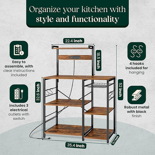 Kitchen Bakers Rack with Power Outlet & Hangers - 35.5x15.7x51.6 Kitchen Storage Rack Useful as Microwave Stand, Coffee Station and as Extra Shelves - Perfect for Organized & Stylish Kitchens