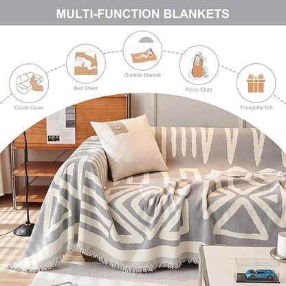 STACYPIK Boho Couch Cover, Chenille Gray Triangle Sofa Cover for 3 Cushion Couch,Non Slip Couch Protector for Dogs Pet-Friendly, Reversible Sectional Cover for L-Shaped, Tassels Throw Blanket-71X150IN
