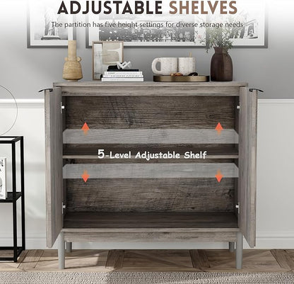 Fluted Cabinet with Storage, Small Buffet Cabinet Sideborad with Door, Kitchen Buffet Storage Accent Cabinets with Adjustable Shelves for Living Room, Entry, Hallway, Gray