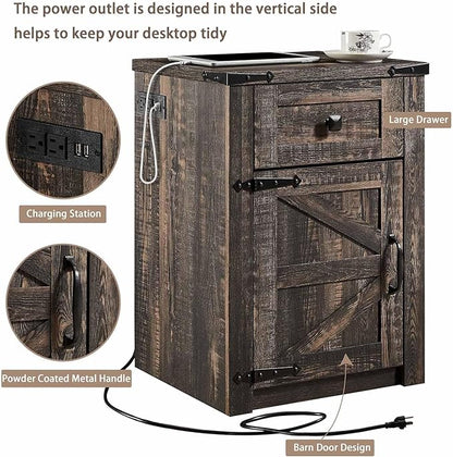 SOOWERY Nightstands Set of 2, Nightstand with Charging Station, Farmhouse End Table with Barn Door and Drawer, Rustic Wood Sofa Side Table for Bedroom, Living Room, Dark Rustic Oak