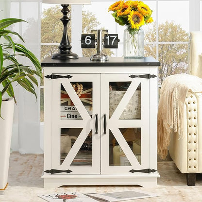 Farmhouse End Table, 24" Large End Tables with Storage, Rustic Square Sofa Beside Table with Glass Barn Door, Wood Side Table Square Nightstand for Living Room, Bedroom, Office (White)