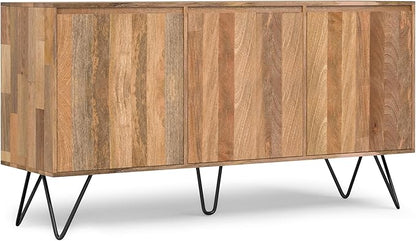 SIMPLIHOME Hunter Buffet - 60 inch Wide Solid Mango Wood 3-Door Sideboard Buffet in Natural, Contemporary Storage Cabinet for Dining Room or Kitchen with Adjustable Shelves and Metal Legs