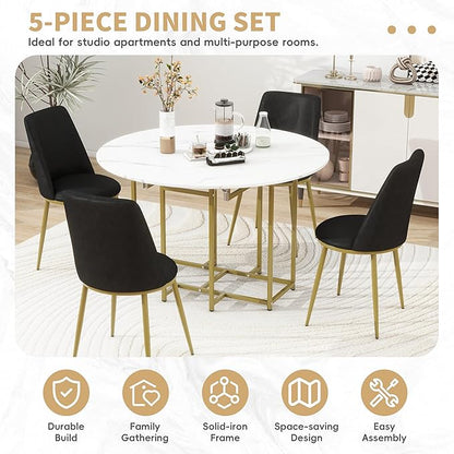 Ball & Cast Space-Saving 5-Piece Extendable Kitchen Dining Table Set w/ 4 Upholstered Chairs,Round Faux Marble Top with Golden Frame,Compact Foldable Design,for Small Spaces,White+Black