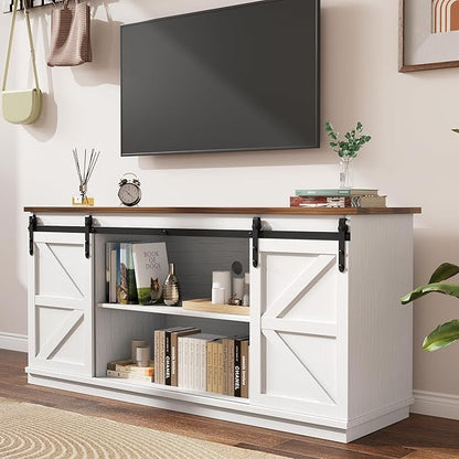 YESHOMY Farmhouse TV Stand for Televisions up to 65 Inches, Sliding Barn Doors and Storage Cabinets, Console Table and Media Furniture for Living Room, 58 Inch, Milk White
