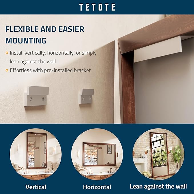 TETOTE 22 x 30 Walnut Wood Mirror for Bathroom Wall/Bedroom/Living Room/Entryway Farmhouse Rustic Bathroom Vanity Mirror for Wall Waterproof (Horizontal/Vertical Mounted)