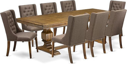 NKFO9-AWA-18-9-Piece Kitchen Set Consists of a Dinner Table and 8 Brown Linen Fabric Kitchen Chairs with Button Tufted Chair Back - Antique Walnut Finish.