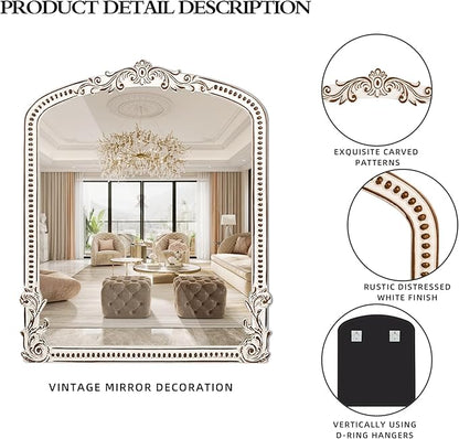 30x35 Inch Baroque Farmhouse Arched Wall Mirror Wooden, Rustic Distressed Decorative Mirrors for Fireplace, Living Room, Bedroom, Entryway, Bathroom