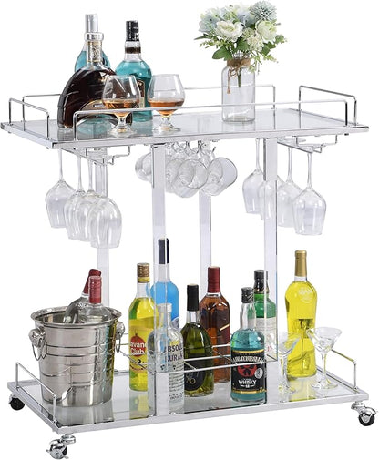 Silver Bar Cart for Home Bar Chrome Serving Cart with Wine Rack 2-Tier Acrylic Rolling Bar Carts on Wheels Clear Dessert Cart Lucite Bar Stand Glass Liquor Cart for Living Room Kitchen Club