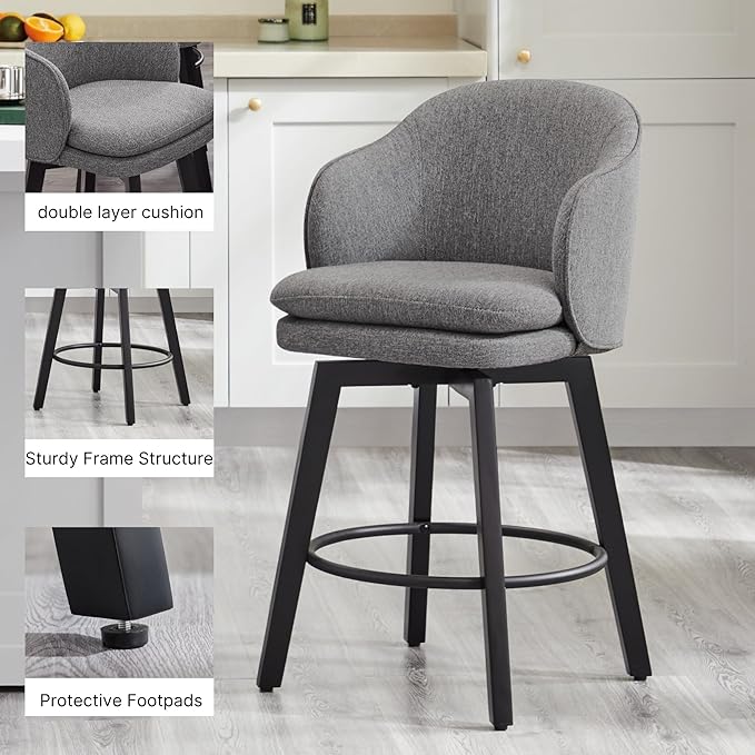 Counter Height Barstools 26 inch Upholstered Swivel Bar Stools with Back and Wood Legs for Kitchen Island,Set of 2,Dark Grey Fabric