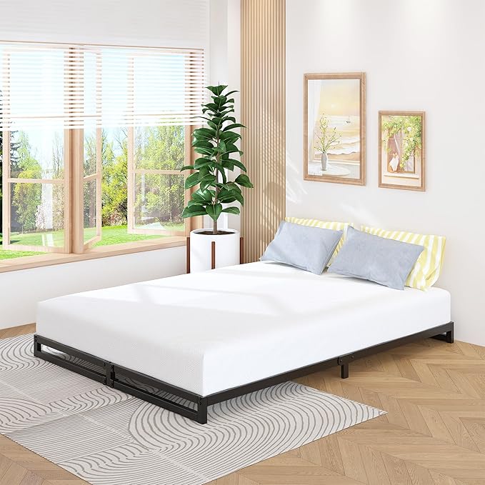 4 Inch Bed Frame Queen Size Heavy Duty Steel Slat Support Metal Platform Queen Bed Frame No Box Spring Needed, Easy Assembly, Black