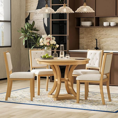 Ball & Cast Retro Dining Table Set for 4 with 4 Upholstered Chairs,5-Piece Wooden Living Room Furniture W/ 42" Round Extendable Kitchen Desk,for Small Space,Apartment,Dining Room,Natural