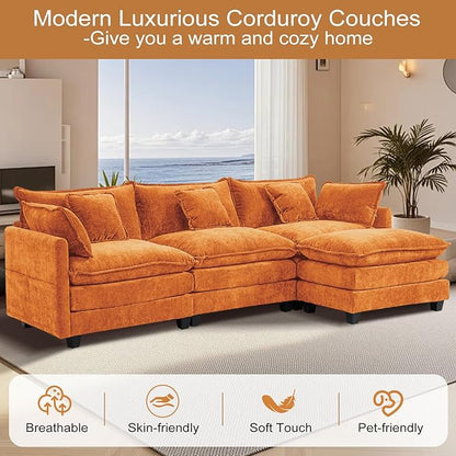 Furniliving 112‘’ L-Shaped Sofa, Luxury Chenille Modular Sectional Couches with Ottoman, Upholstered Deep Seat Sleeper Sofa with Memory Foam and Waist Pillows, Orange