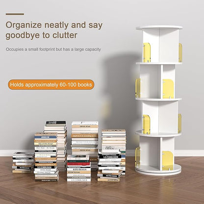 VECELO 4-Tier Rotating Bookshelf, Small Corner Bookshelf for Small Space, 360 Display Floor Standing Bookcase Storage Rack, Wood Narrow Book Shelf Organizer for Bedroom, Living Room, White