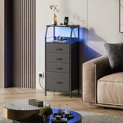 WLIVE Night Stand with Charger Station, LED Nightstand with 4 Fabric Drawers and Storage Shelf, Tall Dresser for Bedroom, 37.48" H Bedside Table with 3 USB Ports and Outlets, Black