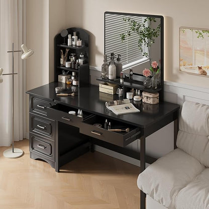 4NM 39.4" Small Desk with Wood Drawers, Home Office Computer Desk with Wooden Legs, Study Writing Table Vanity Desk for Small Spaces - Black