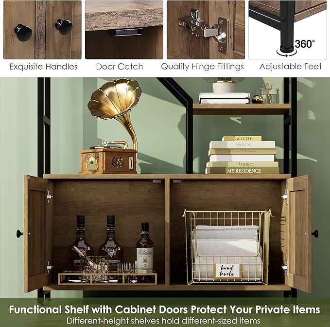 76" Tall Shelf with Storage Cabinet Doors, 6 Tier Open Bookshelf for Multi-use Display, Staggered Book Shelf Etagere Bookcase for Home Office/Living Room, Deep Metal & Wood Accent Shelf, Rustic Brown