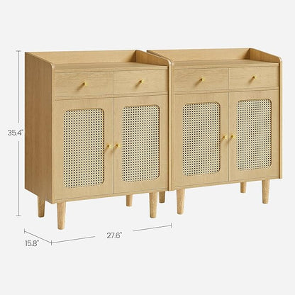 VASAGLE BOHOVEN Collection - Buffet Cabinets, Set of 2, Sideboard Storage Cabinets with Rattan-Like Doors and Drawers, Accent Cabinets, Adjustable Shelf, Boho Style, for Living Room, Oak Beige