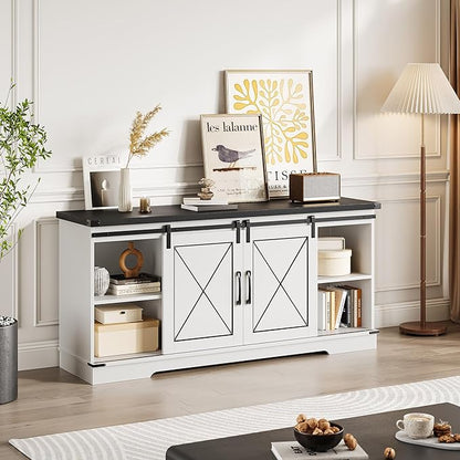CABIHOME Farmhouse TV Stand and Entertainment Center for TV Up to 65 Inches with Sliding Barn Doors and Adjustable Shelf, TV Media Storage Console Table and Furniture for Living Room, Bedroom, White