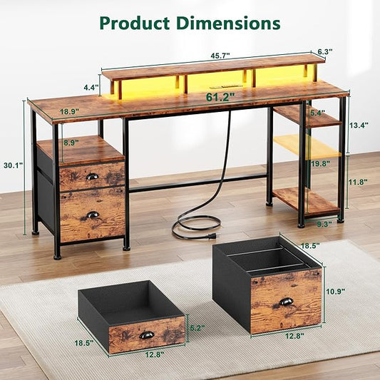 Furologee 61" Computer Desk with Power Outlet and LED Lights, Desk with Fabric File Cabinet Drawer, Large Reversible Table with Shelves and Monitor Stand, Writing Study Table for Home Office