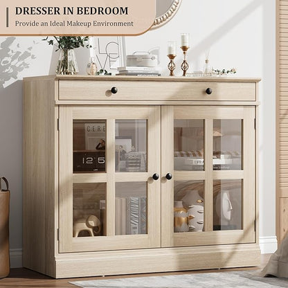 GarveeHome 35.4" Sideboard Buffet Cabinets with Glass Door, Buffet Cabinet with Storage, Oak Sideboard Cabinet with Drawer, Modern Buffets & Sideboards for Dining Room, Kitchen