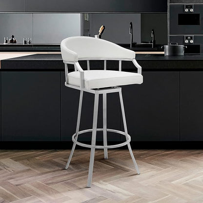 Armen Living Valerie Modern 26" Seat Height White Faux Leather and Brushed Stainless Steel Metal Swivel Bar Stool for Kitchen Island Counter