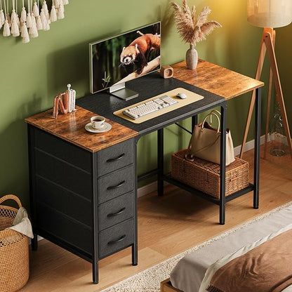 Huuger 47 Inch Computer Desk with 4 Drawers, Office Desk with Mesh Shelf, Gaming Desk, Large Storage, Writing Work Desk for Home Office, Study, Bedroom, Work from Home, Rustic Brown and Black