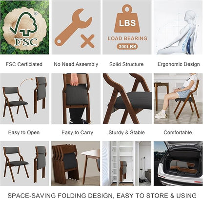 Folding Dining Chairs Set of 2, Upholstered Kitchen Chair with Padded Seat & Backrest, Modern Sidechair with Wood Legs,No Assembly Needed,Dark Grey+Walnut