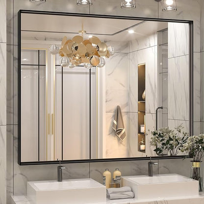 Keonjinn Black Bathroom Mirror 48” x 40” Wall Mirror for Bathroom Vanity Large Metal Frame Rectangle Mirror for Over Sink Rectangular Farmhouse Square Corner Framed Mirror(Horizontal/Vertical)