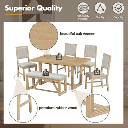 Ball & Cast 6-Piece Dining Table Set for 6 People, 60" Wood Dining Kitchen Table & Chairs Set, Dining Room Table with Upholstered Chairs and 1 Bench, Perfect for Dining Room, Kitchen,Natural
