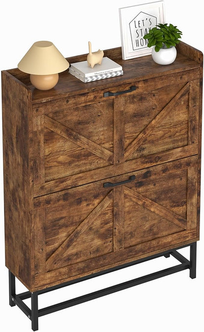 JSB Shoe Cabinet with 2 Flip Drawers, Freestanding Storage Organizer Shelf with Metal Legs, Narrow Shoe Rack Cabinet for Entryway (Rustic Brown, 2-Drawers)