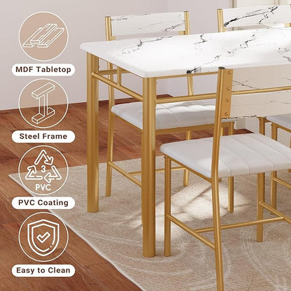 IRONCK Dining Table Set for 4, Wood Kitchen Table with Upholstered Chairs for Kitchen & Dining Room, Compact Dining Set for Small Spaces, White & Gold