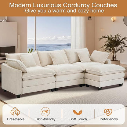 Furniliving 117‘’ L-Shaped Sofa, Luxury Corduroy Modular Sectional Couches with Ottoman, Upholstered Deep Seat Sleeper Sofa with Memory Foam and Waist Pillows, Beige