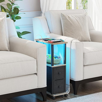 TUTOTAK Small Narrow End Tables, LED Side Tables with 2 Fabric Drawers, Set of 2, Bedside Tables with Charging Station for Small Spaces, Slim Nightstands with USB Ports and Wheels, TB01BG053L