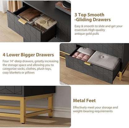 GAOMON Dresser for Bedroom, 53.5" Wide Dresser Organizer, 7 Drawer with Golden Metal Handle and Legs, Modern Chest of Drawers for Closet, Hallway, Living Room, Entryway, Black