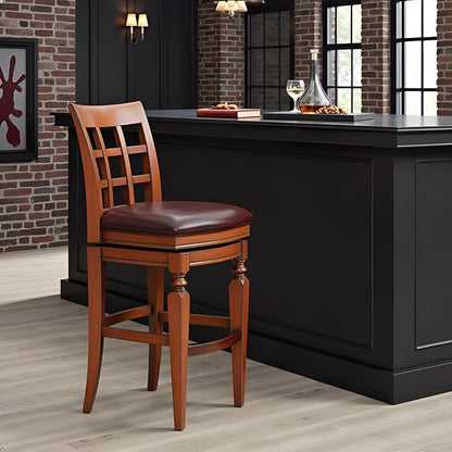 Alaterre Furniture Napa Bar Height Swivel Stool with Back – Faux Leather Upholstered Seat Barstool with Memory Return, Turned Wood Legs, Lattice Back Design, and Metal Kick Plate for Kitchen Islands