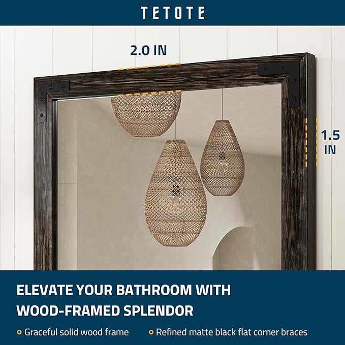 TETOTE 30 x 36 Black Wooden Mirror for Bathroom Wall/Bedroom/Living Room/Entryway Farmhouse Rustic Bathroom Vanity Mirror for Over Sink Waterproof (Horizontal/Vertical Mounted)