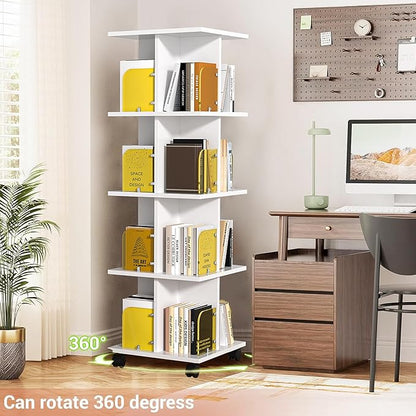 VECELO 4-Tier Rotating Bookshelf on Wheels, Revolving Bookcase Tower, Mobile Book Rack with Acrylic Windows, Narrow Rolling Bookshelves for Small Space, Corner, Bedroom, Office, White
