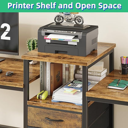 93'' Two Person Desk with Charging Station, Long Desk with 3 Fabric Drawers and Printer Shelf, Double Computer Desk, 2 Person Writing Study Table Workstation for Home Office, Rustic Brown