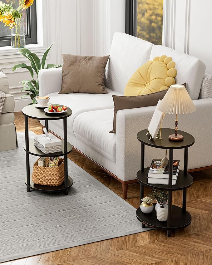 Small Round Side Table - 3-Tier Oval Accent Table for Small Spaces, Rustic Wood and Metal Couch End Table, Nightstand for Bedroom or End Table Living Room, Set of 2, Charcoal Wenge